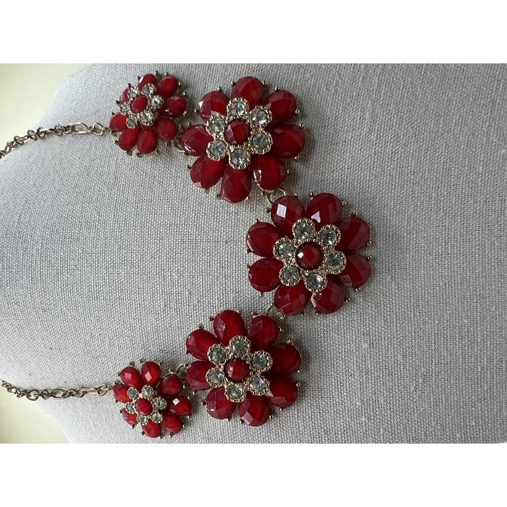 Red Floral Statement Necklace with Rhinestones - Picture 3 of 9